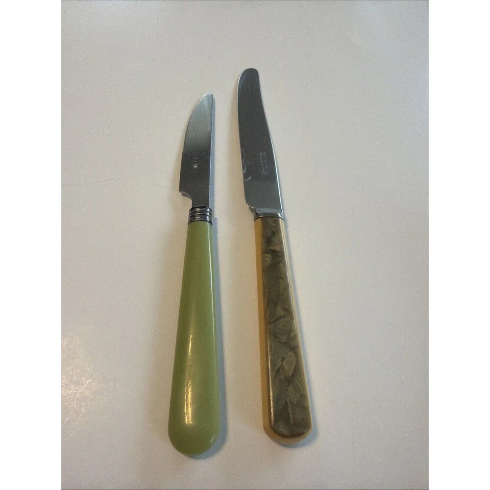 Vintage Butter Knives MCM Jade Green And Green Marble W Yellow Stainless Steel